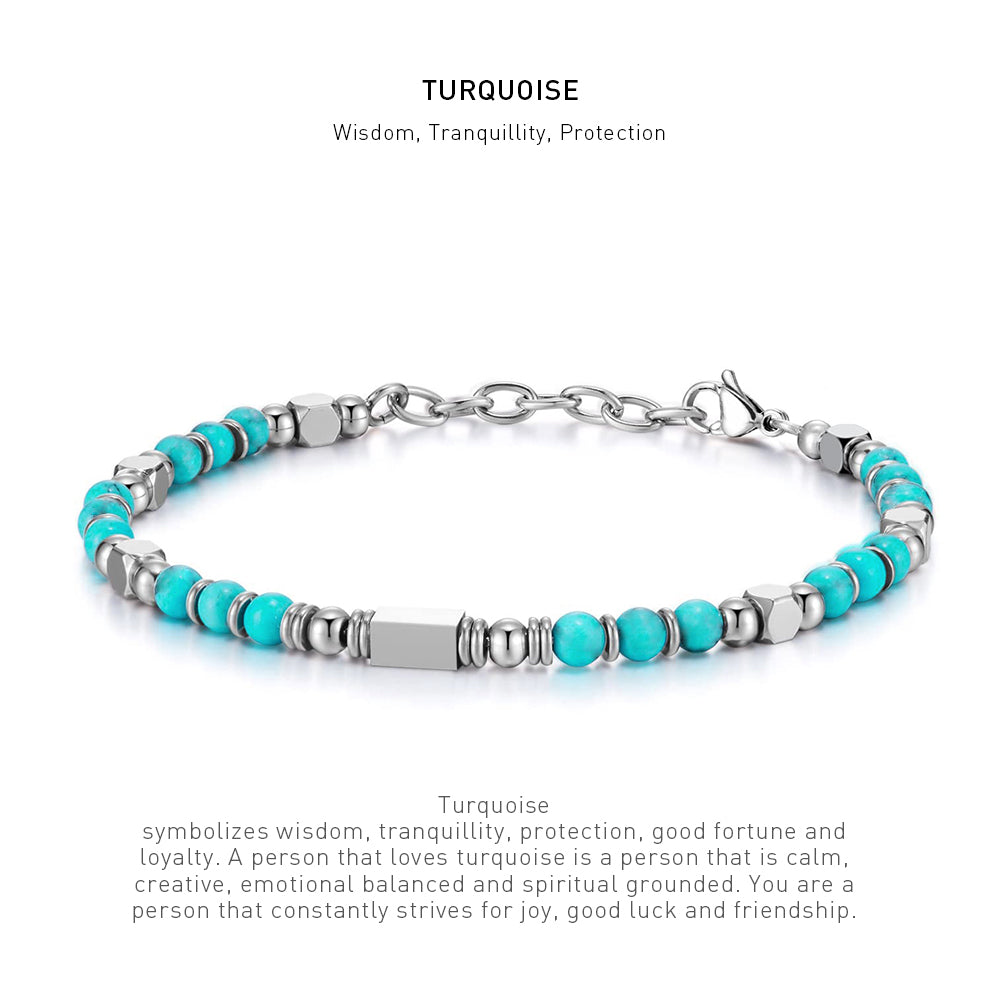 A 7 inch 4mm Greenish Turquoise bracelet with stone energy meaning description.