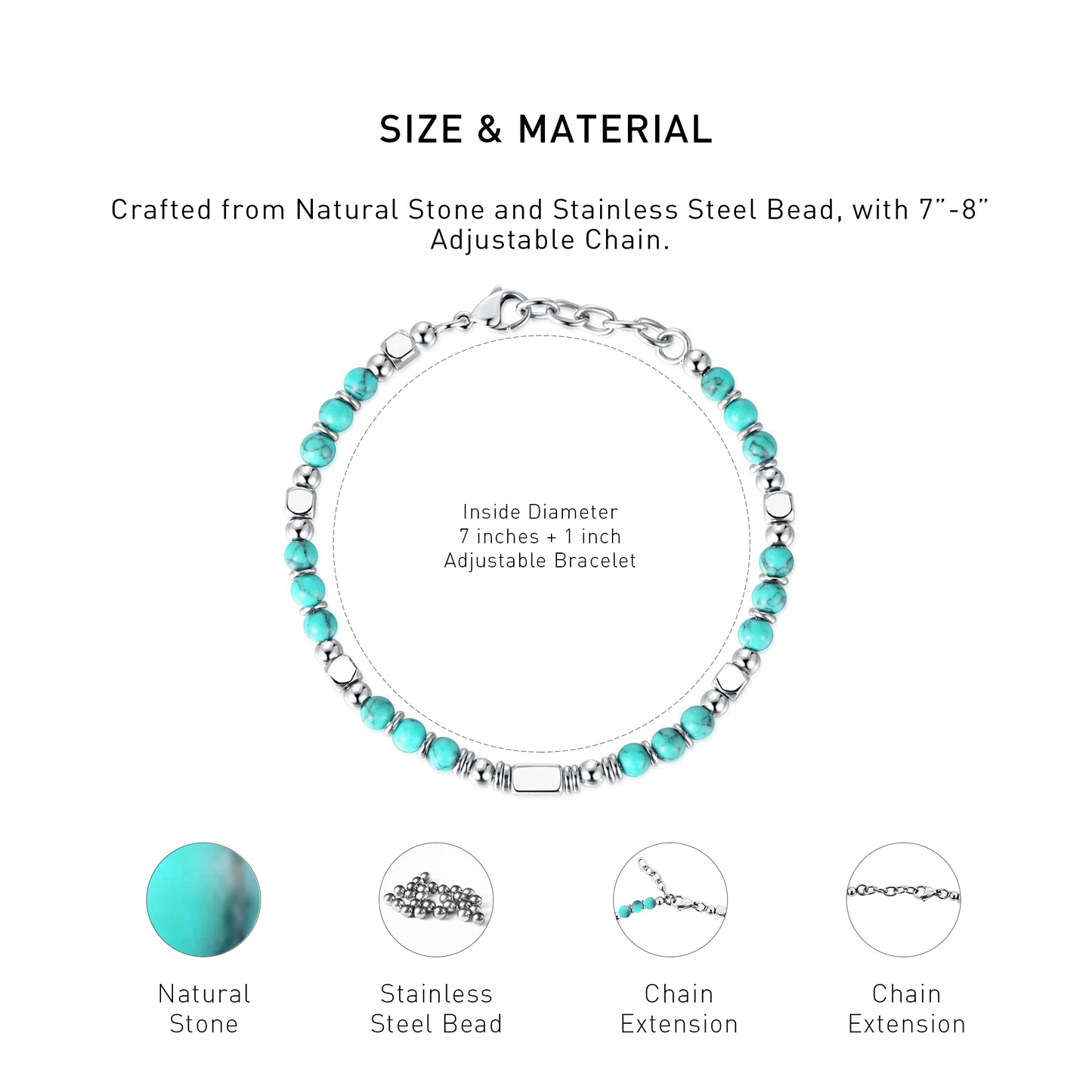 A diagram showing the material and size of an adjustable Greenish Turquoise bracelet.