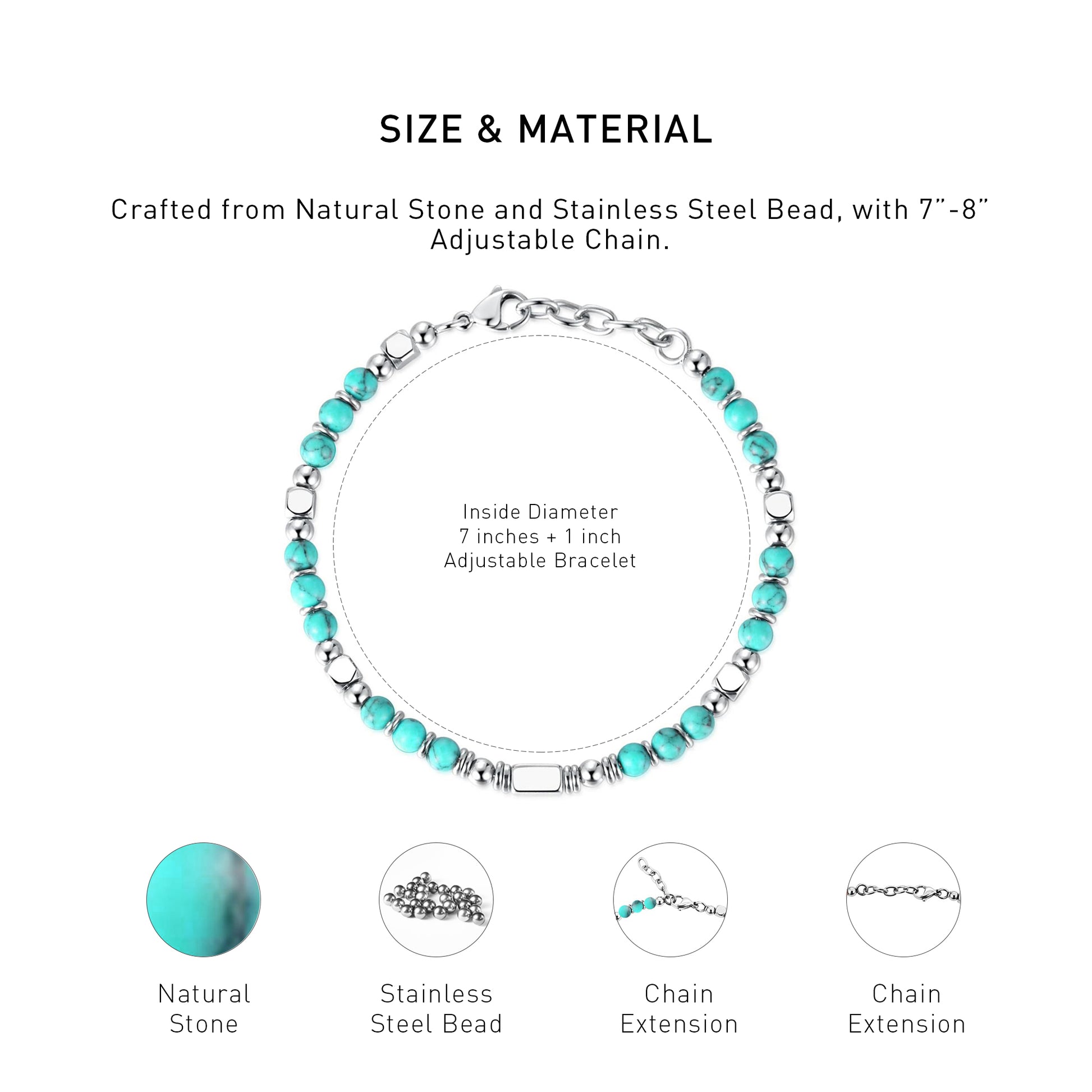 A diagram showing the material and size of an adjustable Greenish Turquoise bracelet.