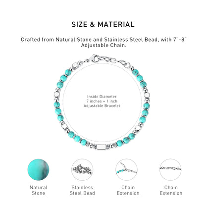A diagram showing the material and size of an adjustable Greenish Turquoise bracelet.