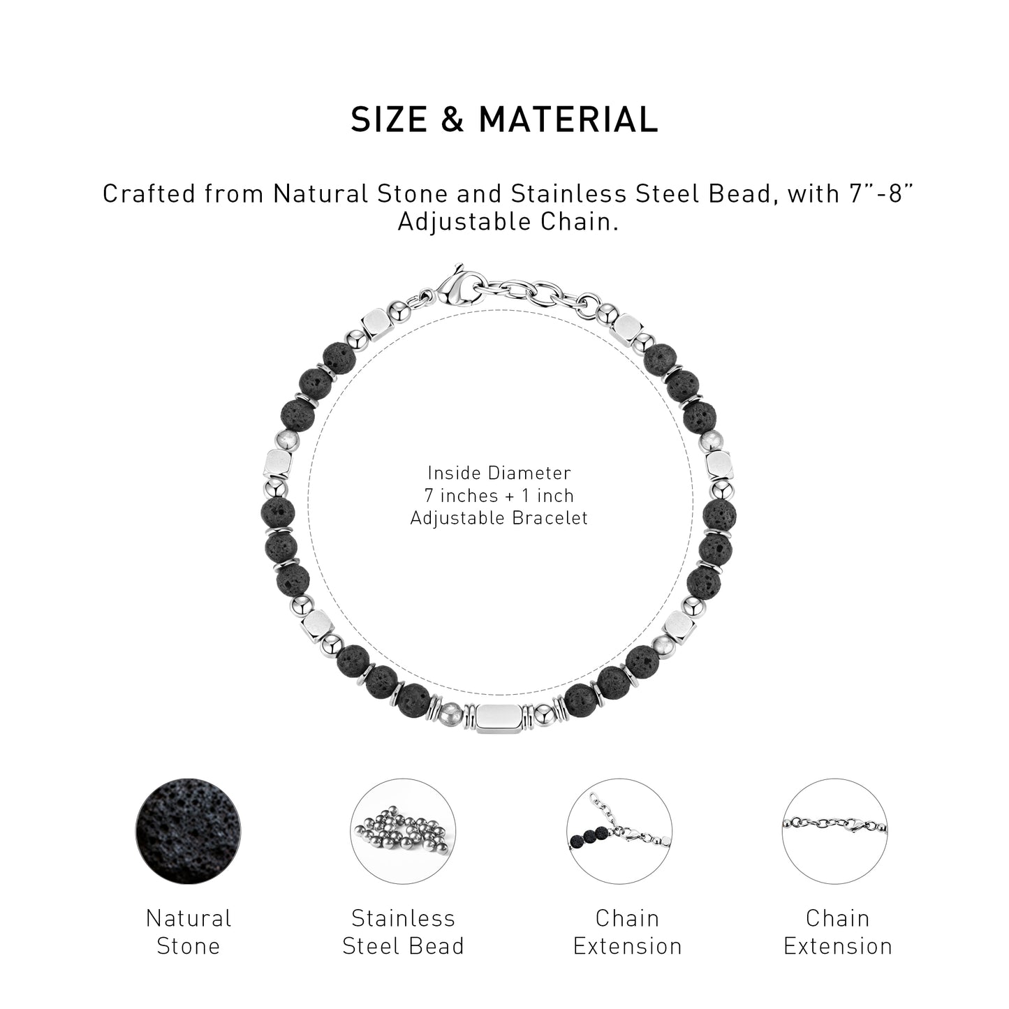 A diagram showing the material and size of an adjustable Lava Stone bracelet.