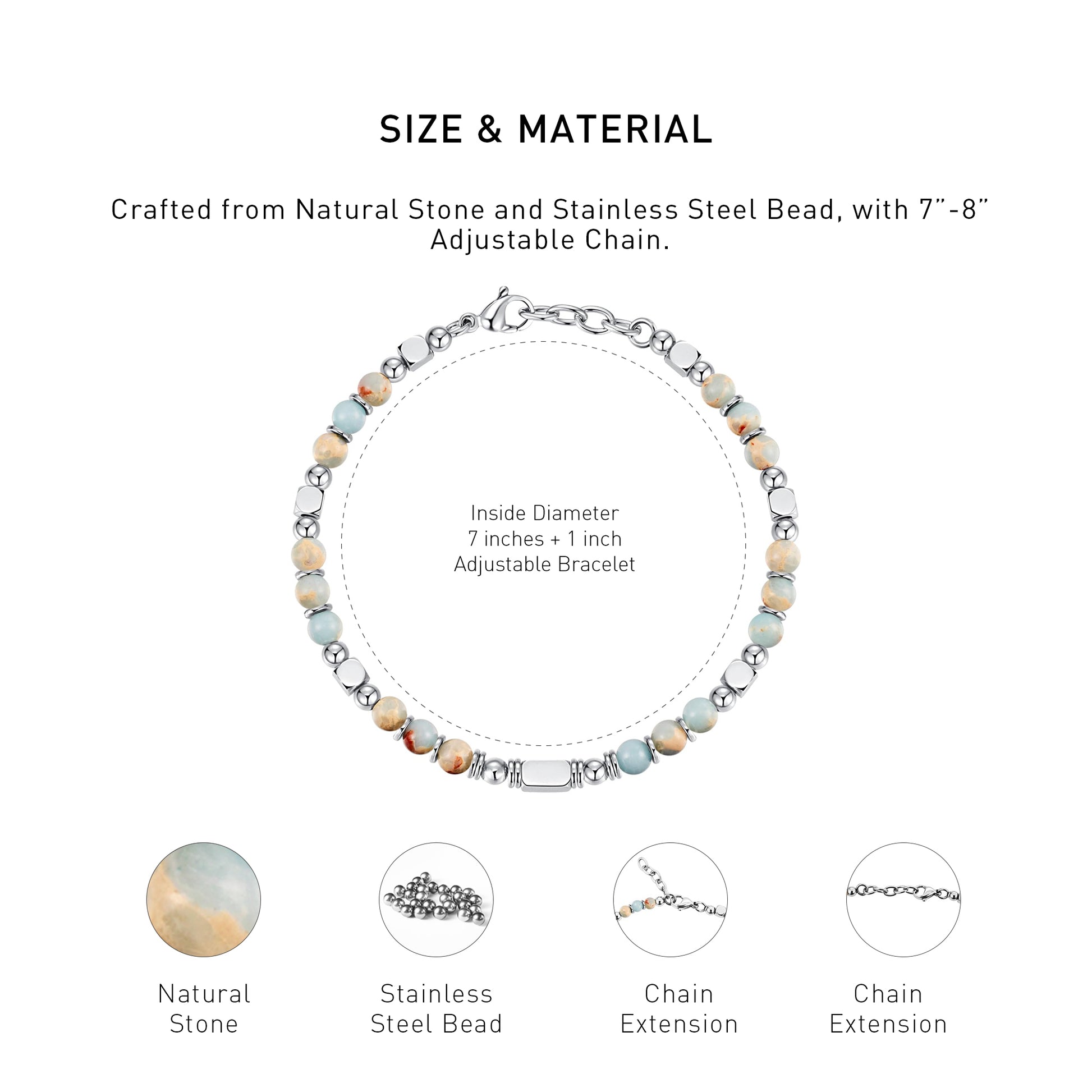 An diagram showing the mateiral and size of an adjustable agalmatolite bracelet.