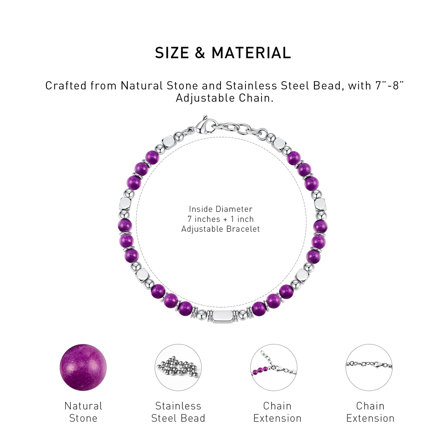 An diagram showing the mateiral and size of an adjustable amethyst bracelet.