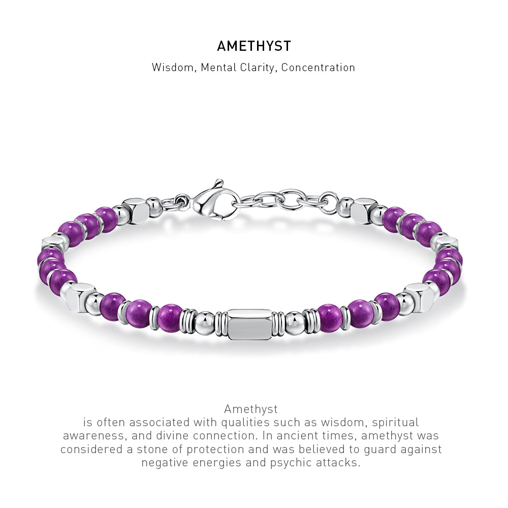 A 7 inch 4mm amethyst bracelet with stone energy meaning description.