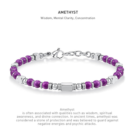 A 7 inch 4mm amethyst bracelet with stone energy meaning description.
