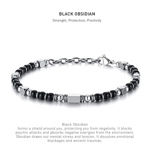 A 7 inch 4mm Black Obsidian bracelet with stone energy meaning description.