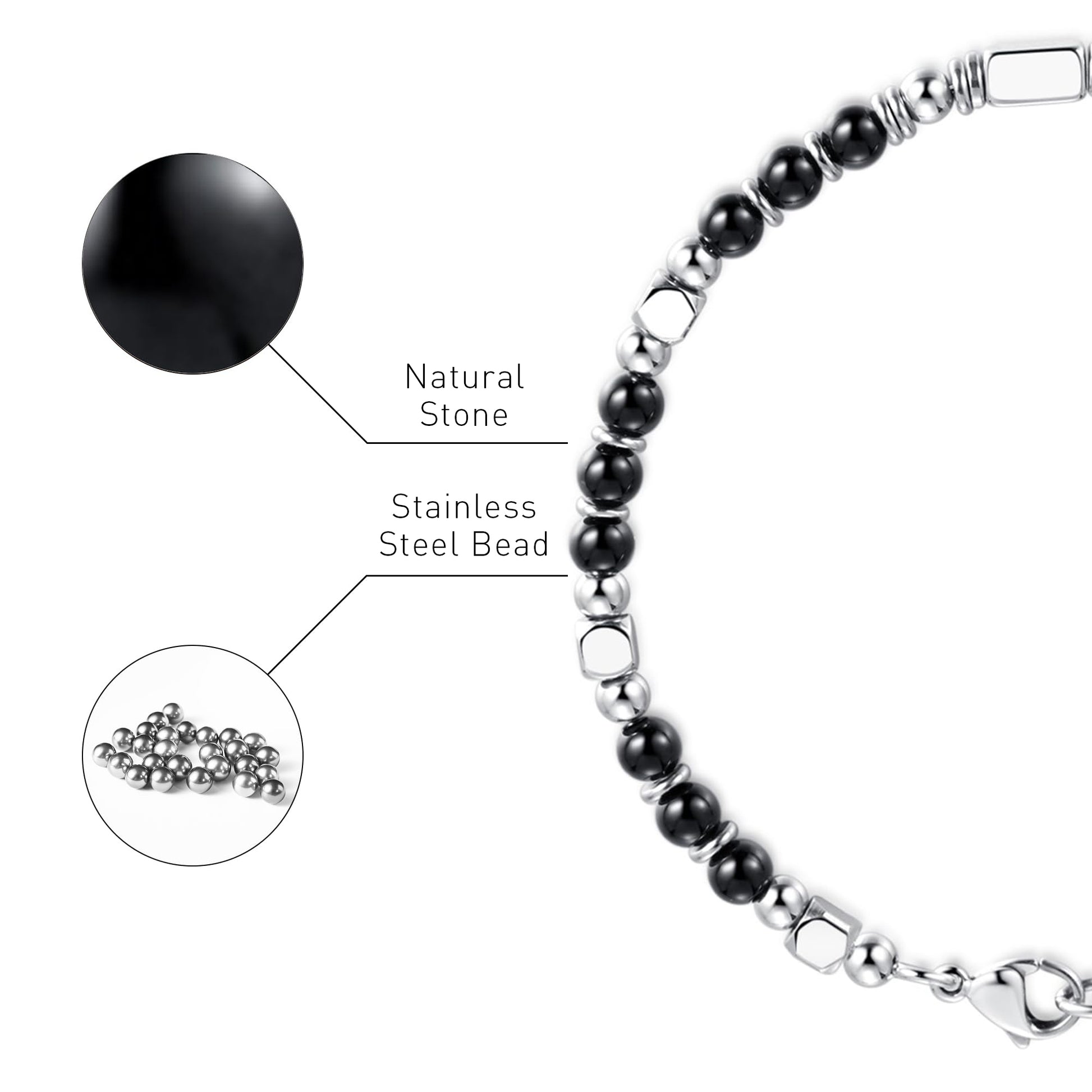 Boho Style Adjustable black obsidian Bracelet made of natural stone and stainless steel bead. 