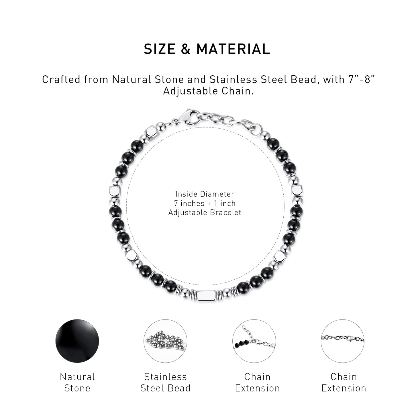 An diagram showing the mateiral and size of an adjustable Black obsidian bracelet.