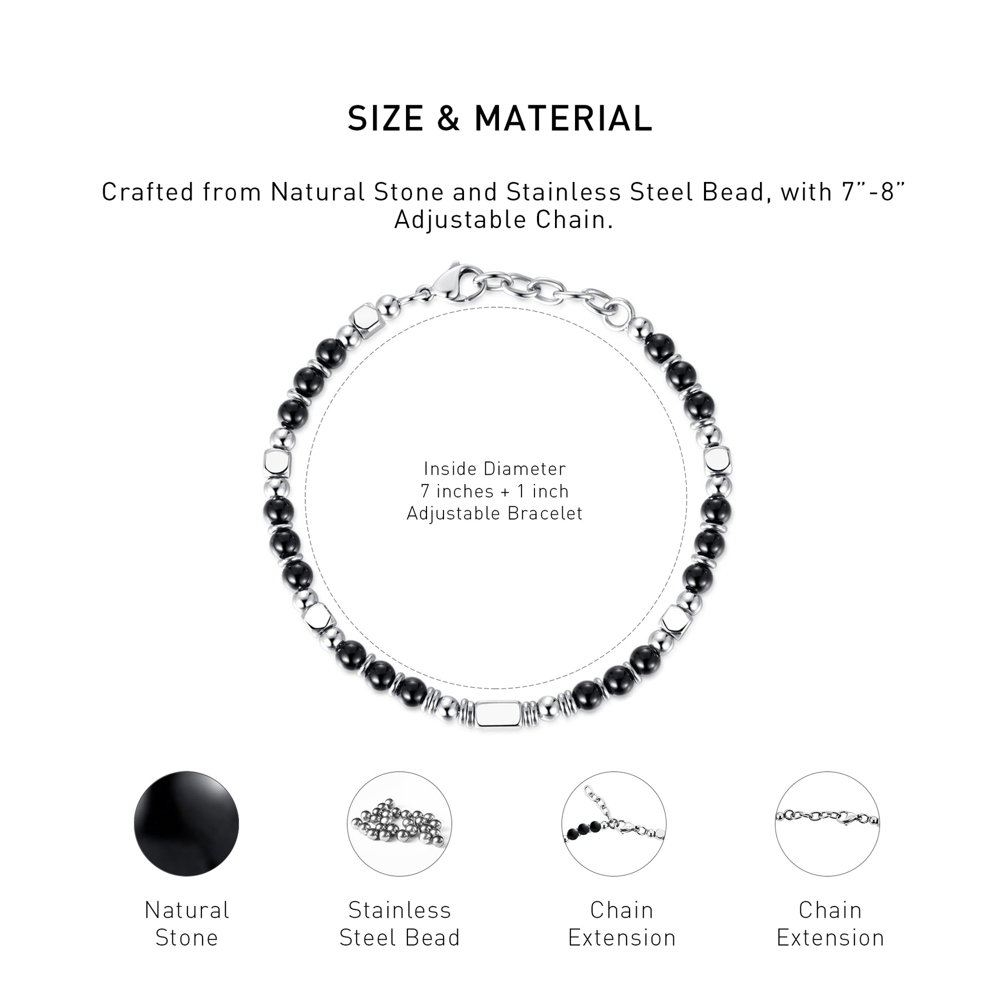 An diagram showing the mateiral and size of an adjustable Black obsidian bracelet.