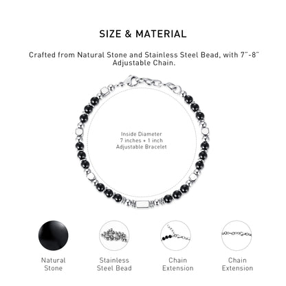 An diagram showing the mateiral and size of an adjustable Black obsidian bracelet.