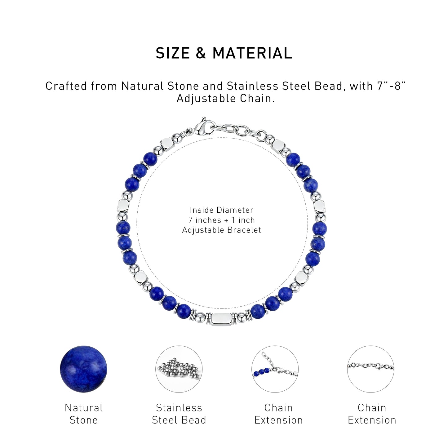 A diagram showing the material and size of an adjustable LapisLazuli bracelet.