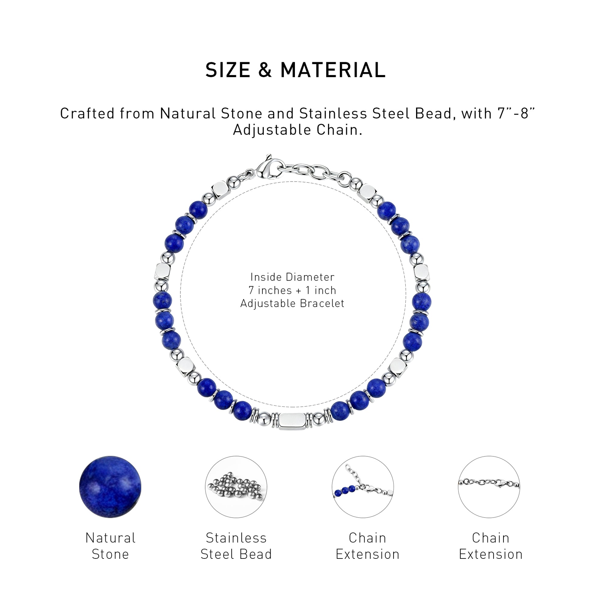 A diagram showing the material and size of an adjustable LapisLazuli bracelet.