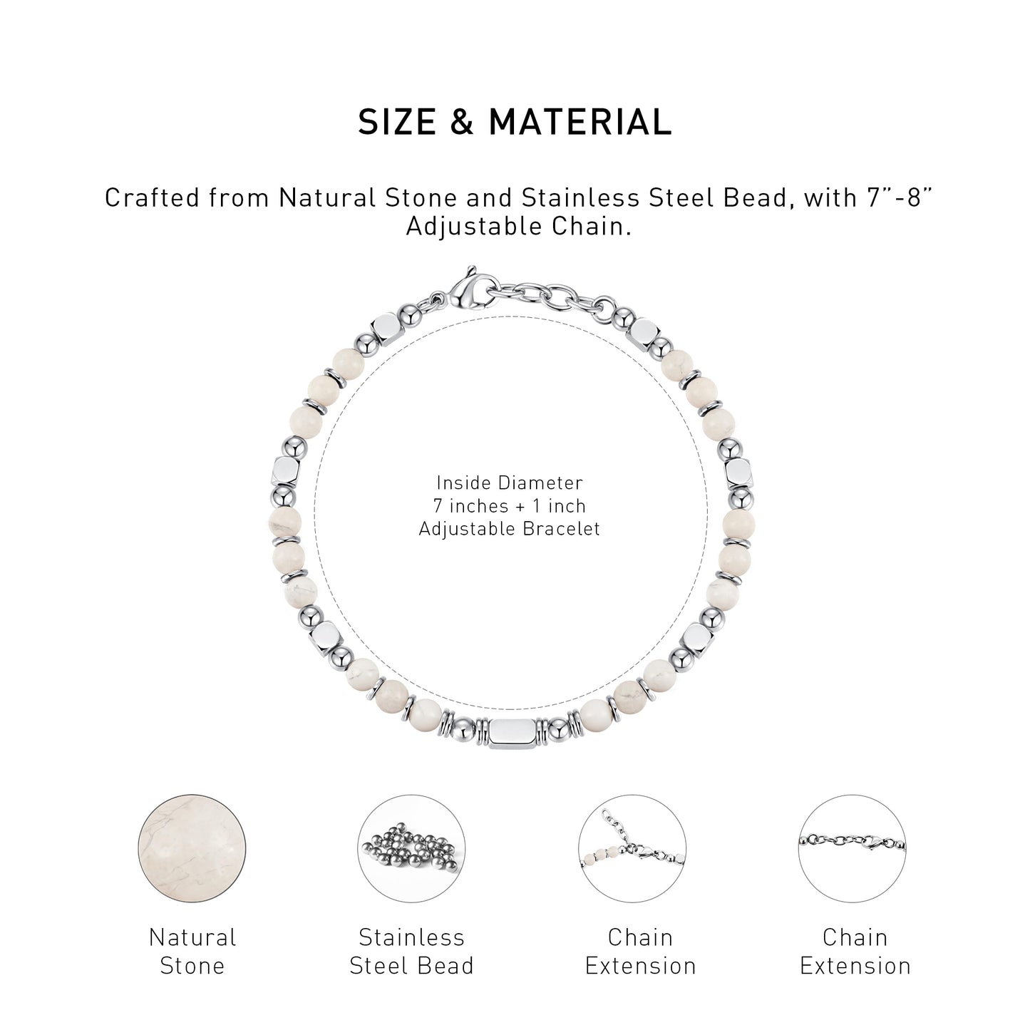An diagram showing the mateiral and size of an adjustable Magnesite bracelet.