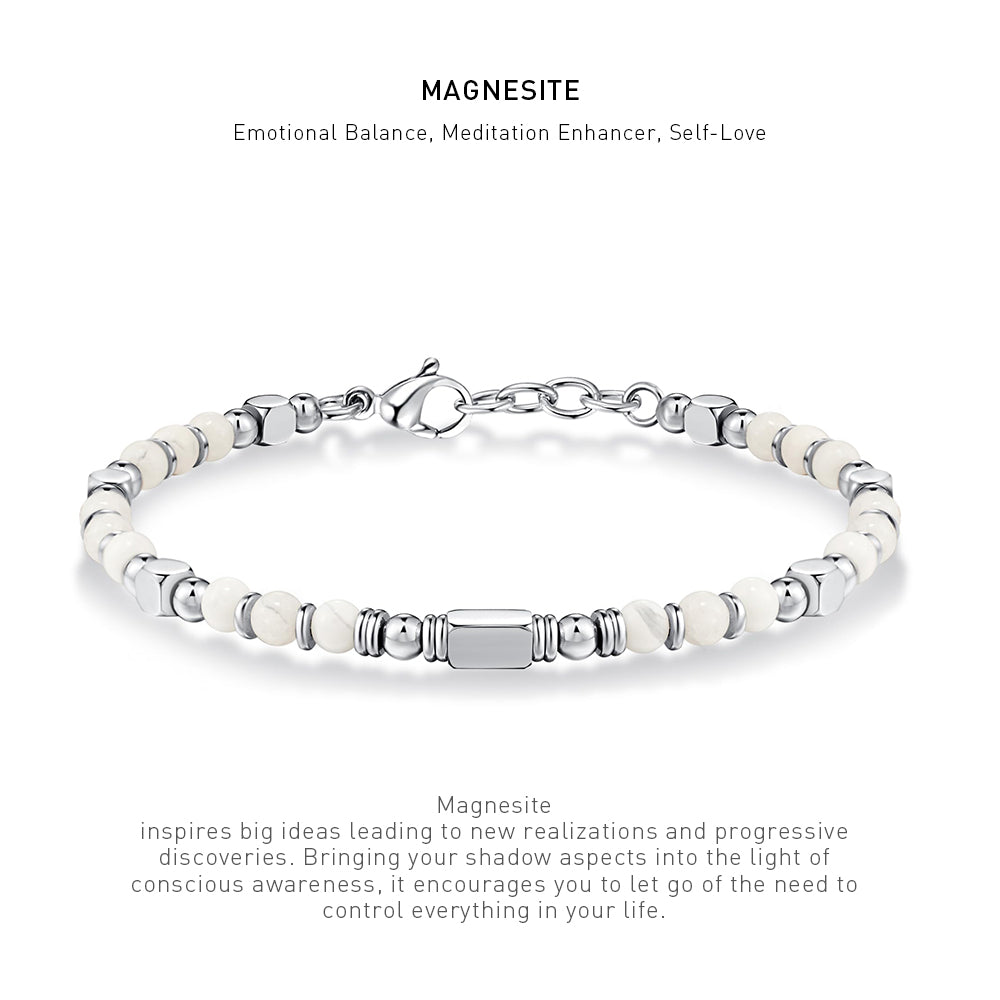A 7 inch 4mm Magnesite bracelet with stone energy meaning description.