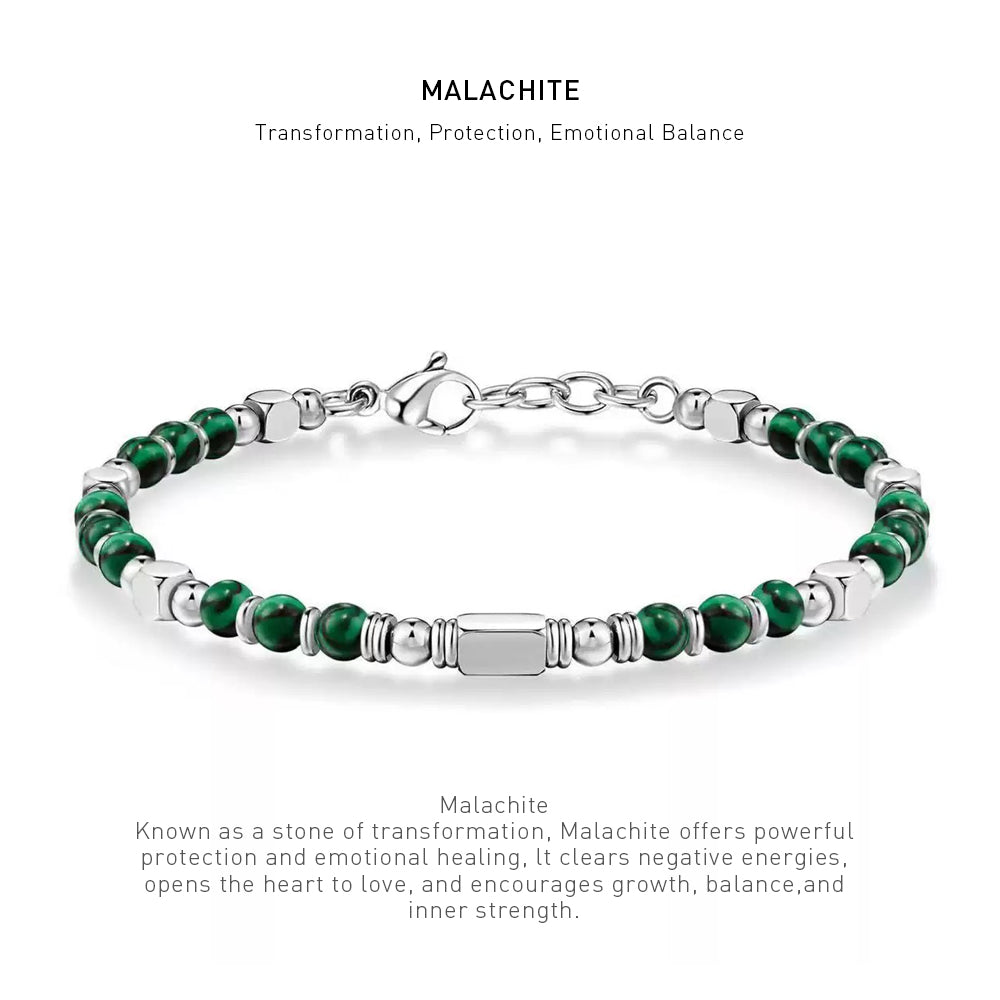A 7 inch 4mm Malachite bracelet with stone energy meaning description.