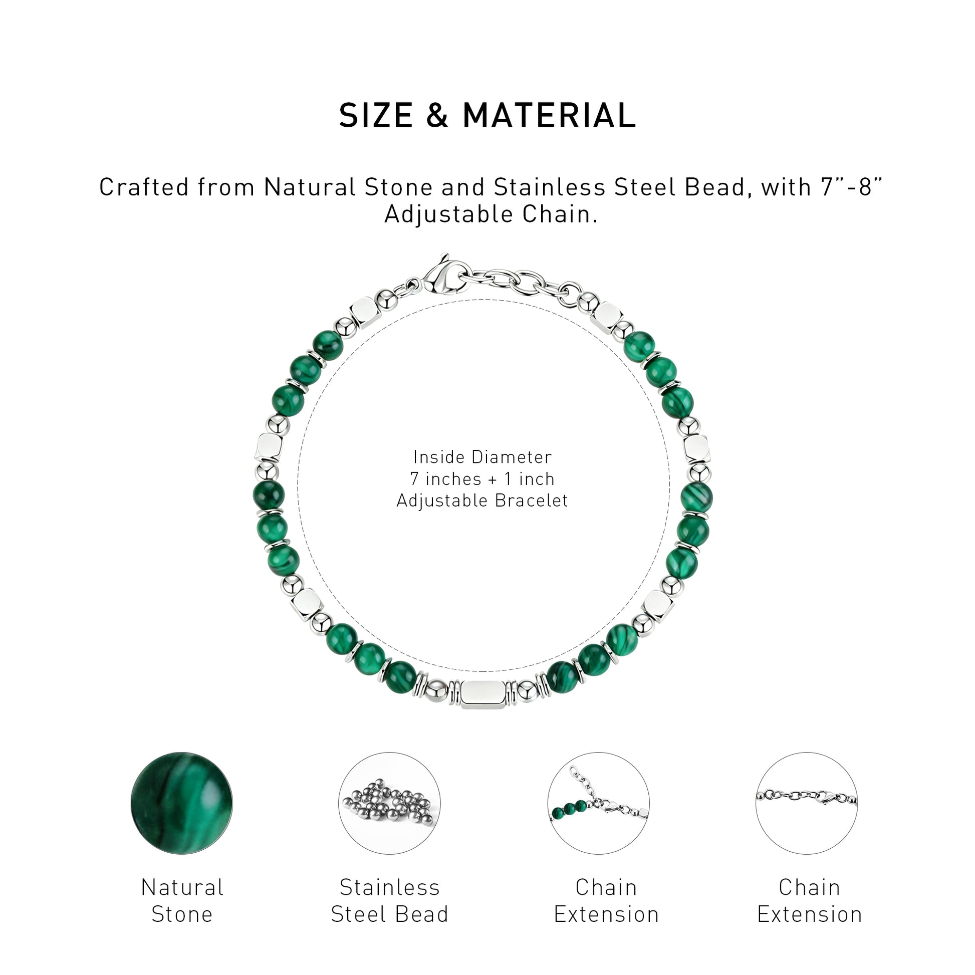 A diagram showing the material and size of an adjustable Malachite bracelet.