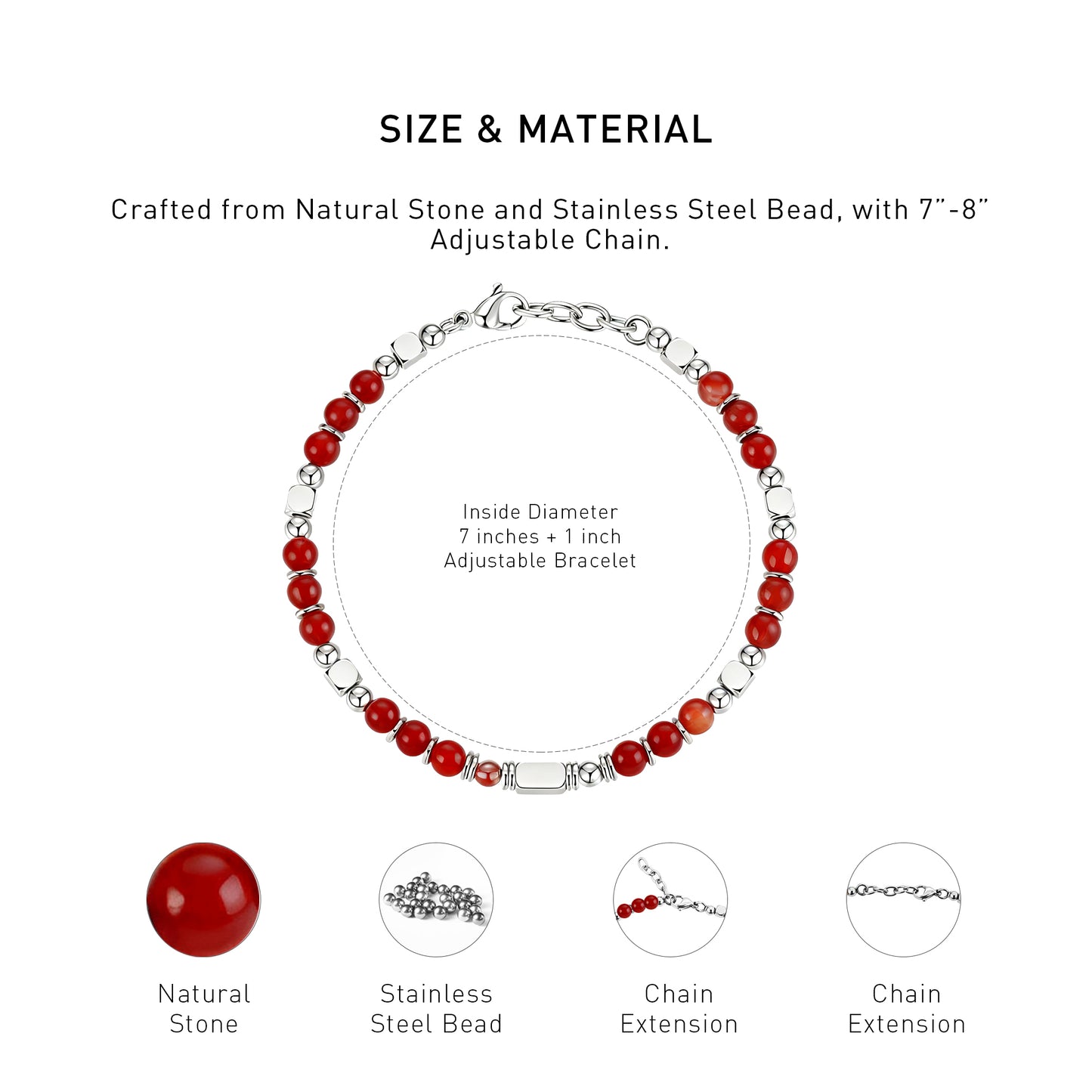 A diagram showing the material and size of an adjustable Red Agate bracelet.