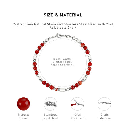 A diagram showing the material and size of an adjustable Red Agate bracelet.