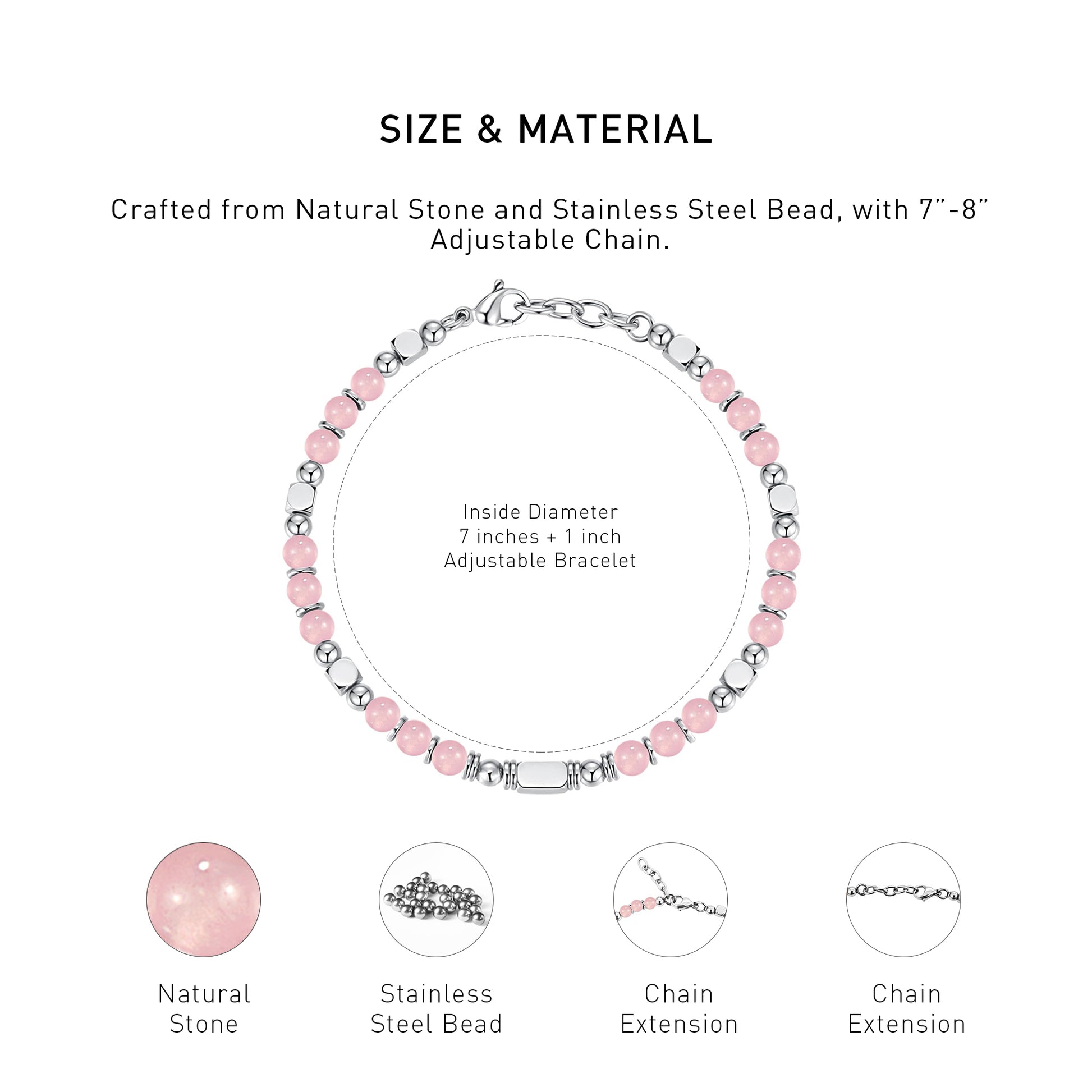 An diagram showing the mateiral and size of an adjustable Rose Quartz bracelet.