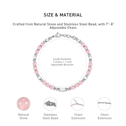 An diagram showing the mateiral and size of an adjustable Rose Quartz bracelet.