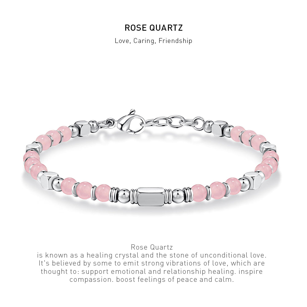 A 7 inch 4mm rose quartz bracelet with stone energy meaning description.