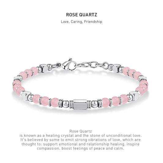A 7 inch 4mm rose quartz bracelet with stone energy meaning description.