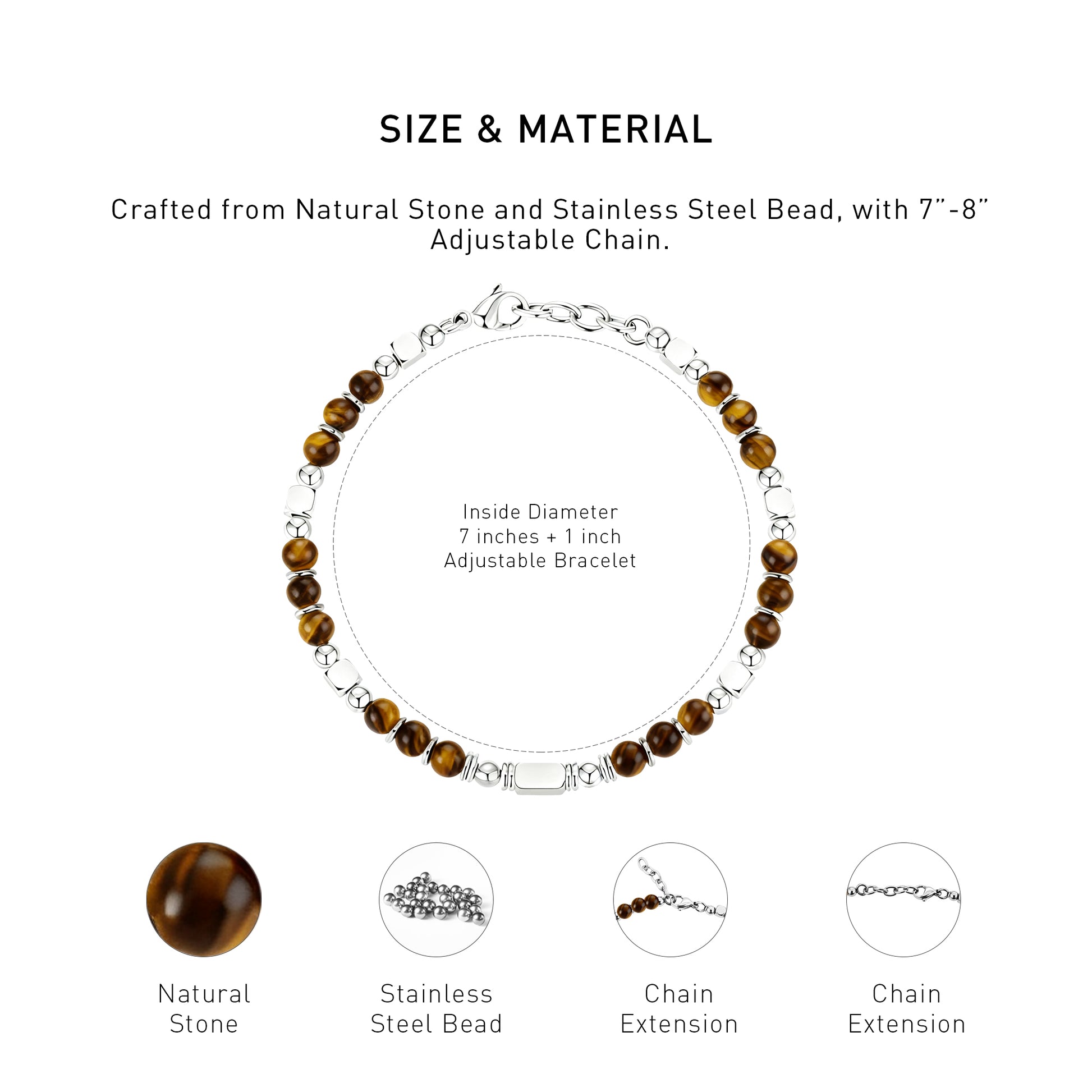 A diagram showing the material and size of an adjustable Tiger's Eye bracelet.