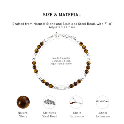 A diagram showing the material and size of an adjustable Tiger's Eye bracelet.