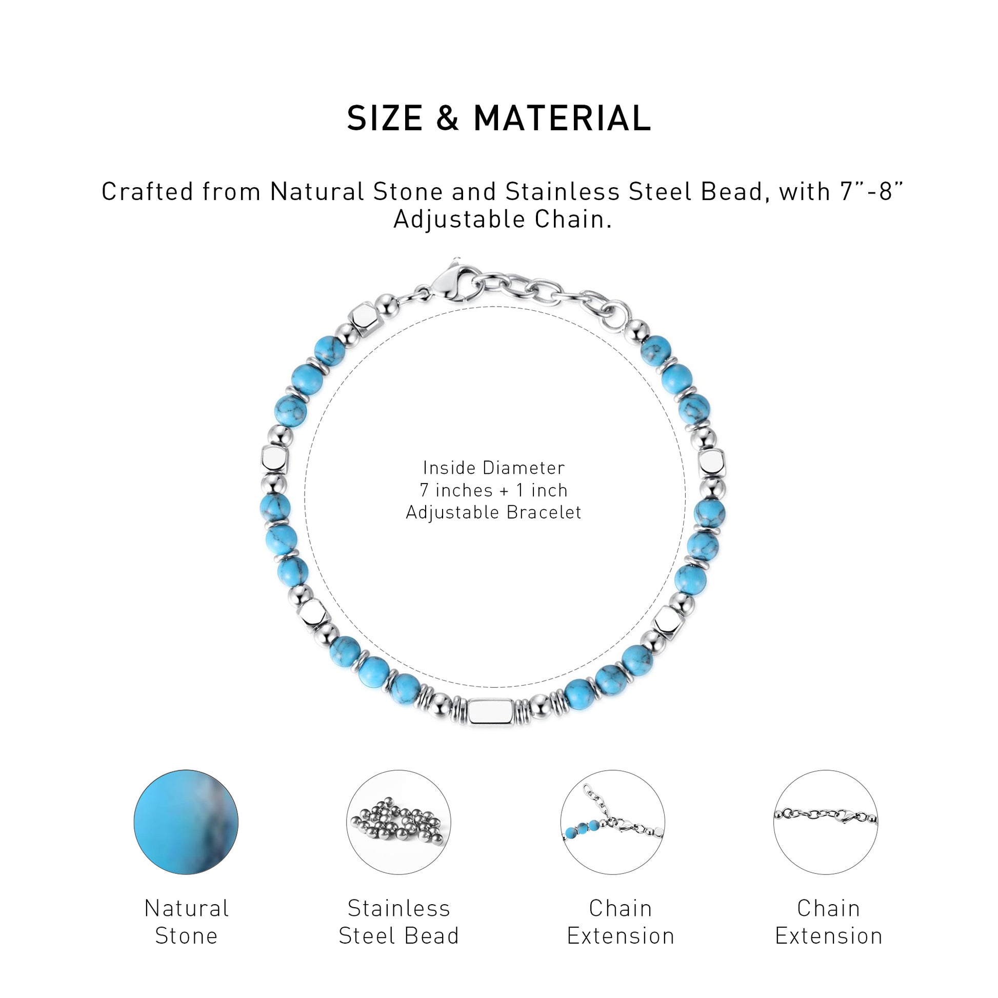 An diagram showing the mateiral and size of an adjustable Turquoise bracelet.