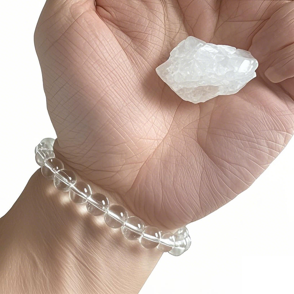 A person wearing a clear quartz bracelet, holding a rough clear quartz crystal in hand.