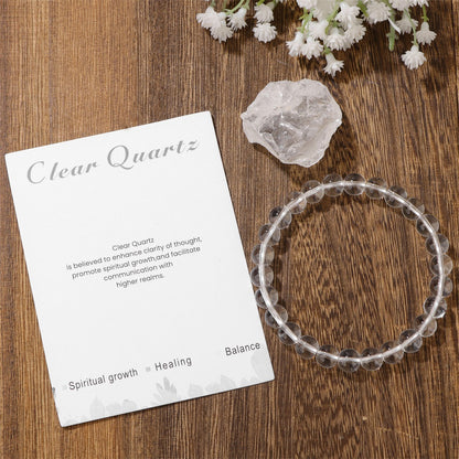 Plan view of a 8mm crystal bead bracelet with natural clear quartz texture.