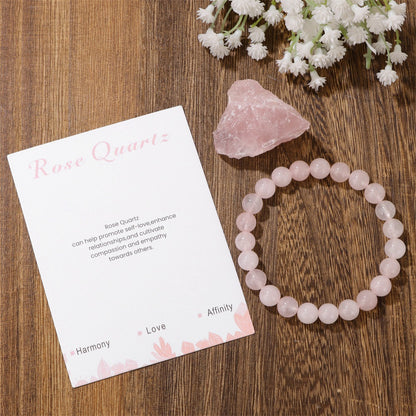 Plan view of a 8mm crystal bead bracelet with natural clear quartz texture.