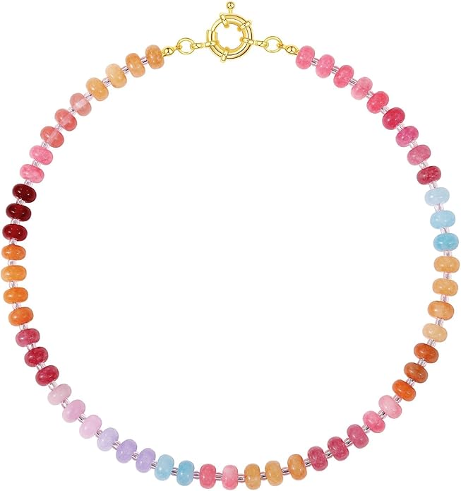 A diagram showing the material and size of India Boho Rose Quartz Bead Choker Necklace.
